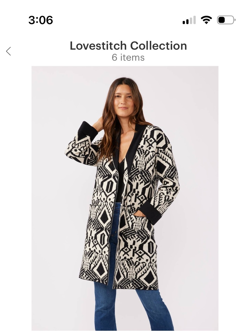 lovestitch Black and Cream Geometric Open-Front Long Cardigan